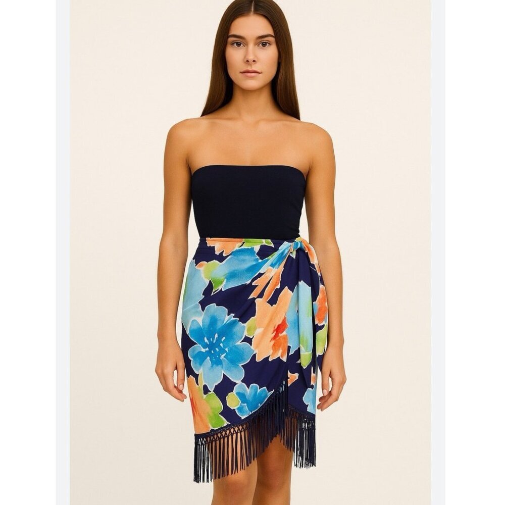 Lauren Ralph Lauren Navy Blue Floral Fringe Faux-Wrap Skirt Tropical Crepe Midi - Picture 4 of 12